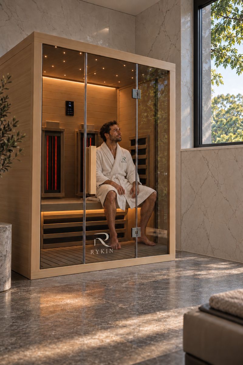 Infracrvena sauna od svijetlog drva sa staklenim vratima